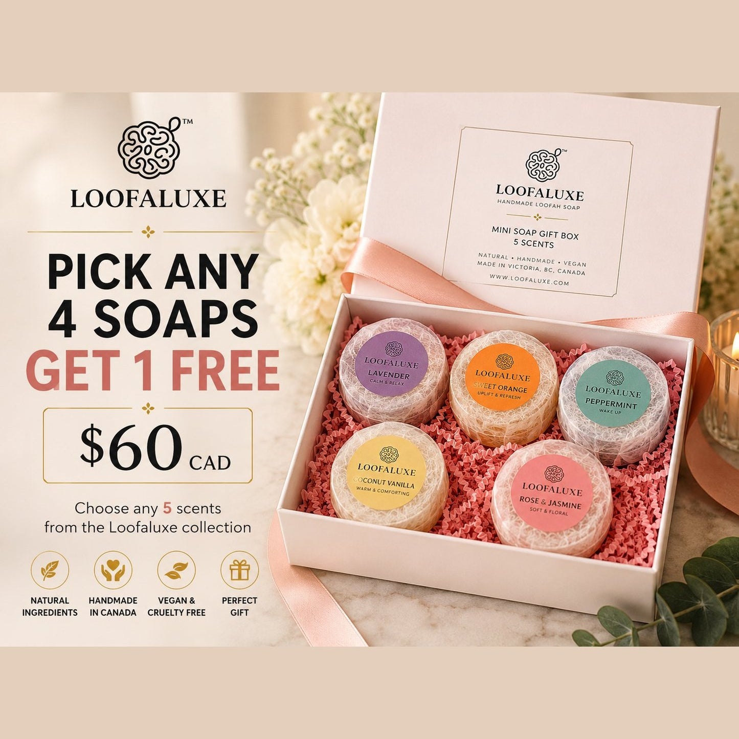 LoofaLuxe Gift Box - pick any 4 soaps get 1 free, $60