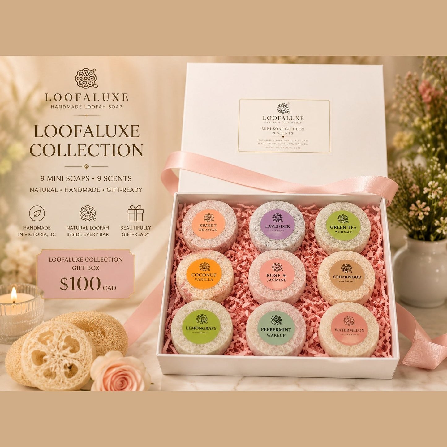 LoofaLuxe Collection Box of handmade loofah soaps, $100