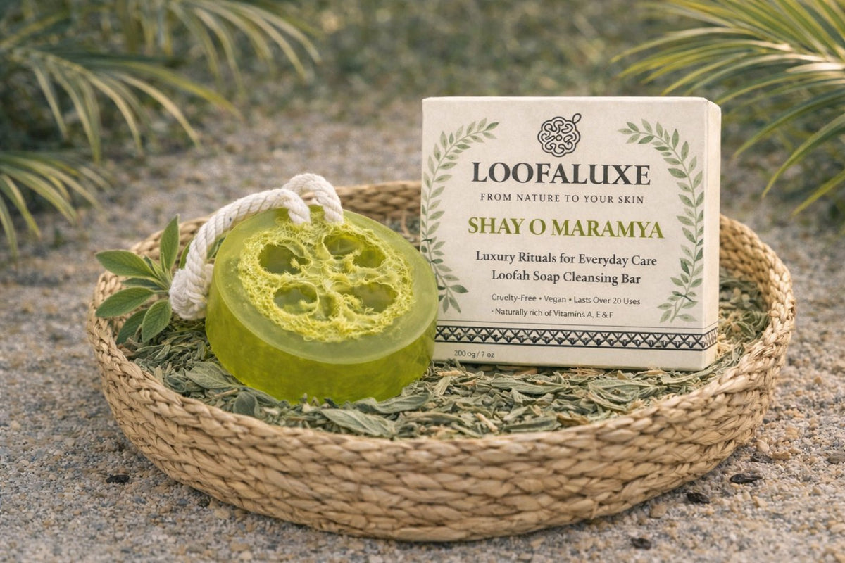 LoofaLuxe Green Tea & Sage loofah soap in a woven basket