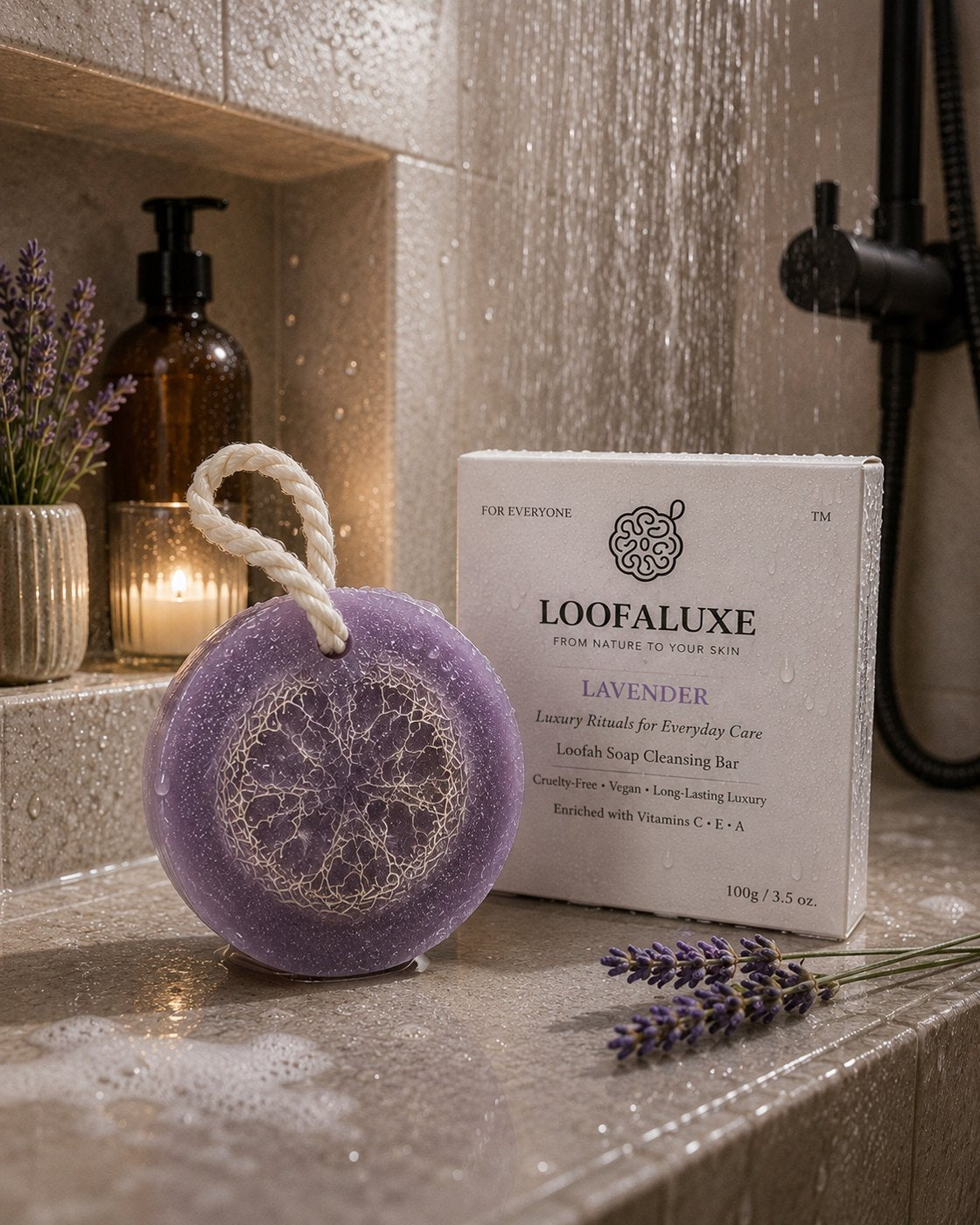 LoofaLuxe Lavender loofah soap in a spa shower setting