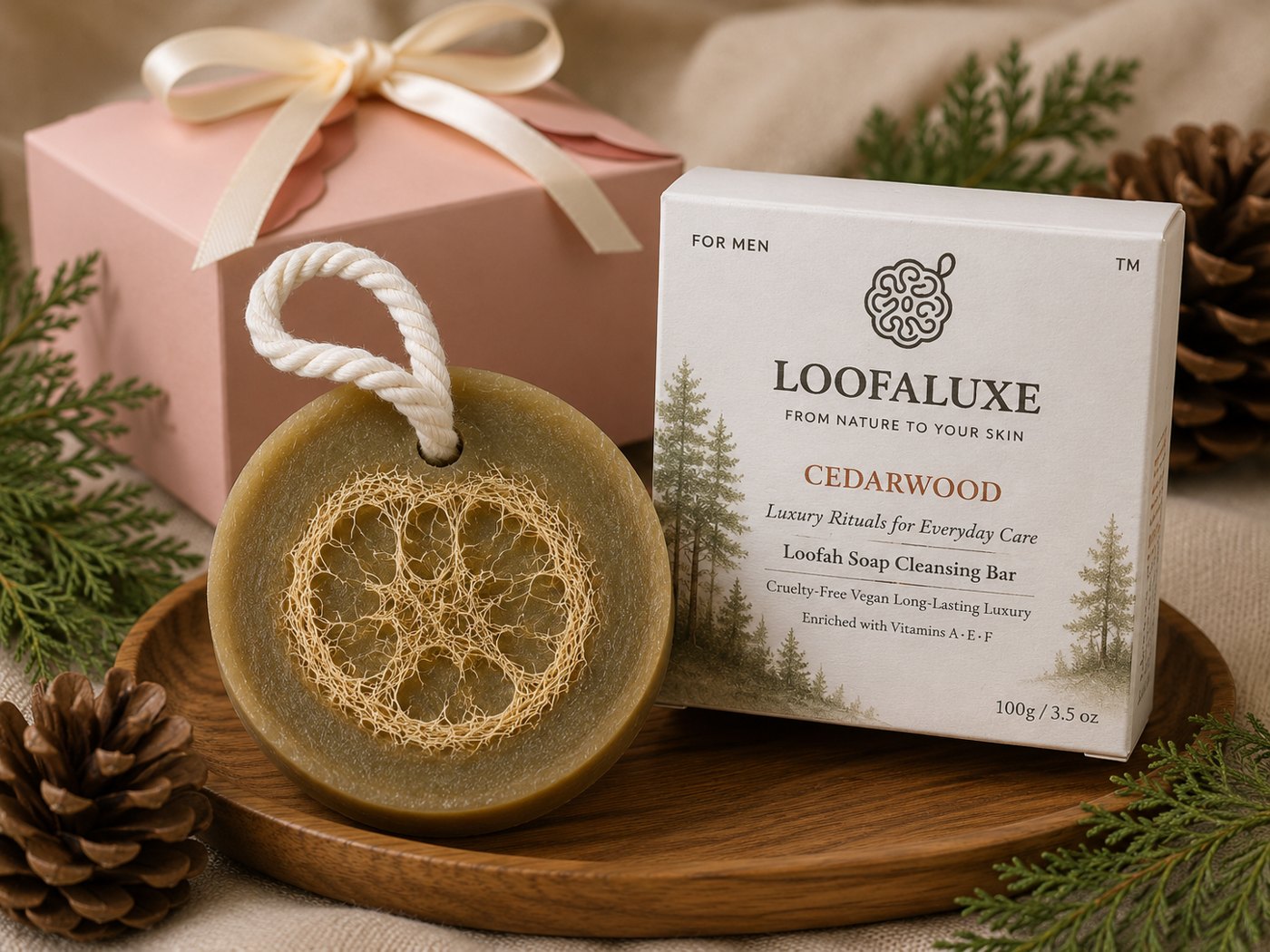 LoofaLuxe Cedarwood loofah soap gift box