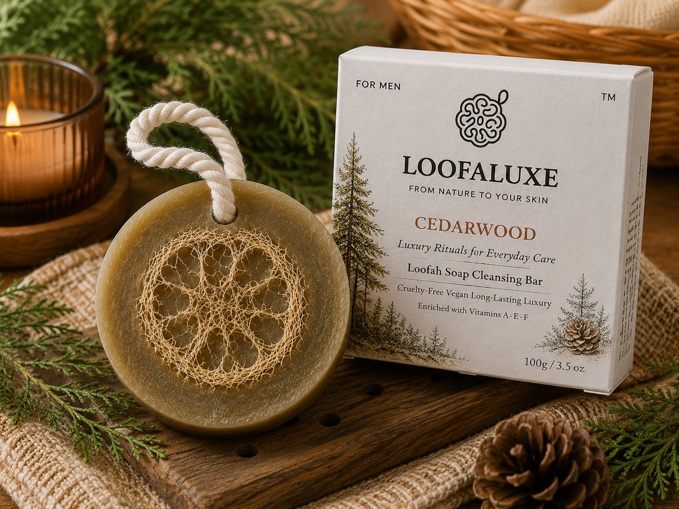 LoofaLuxe Cedarwood loofah soap with box