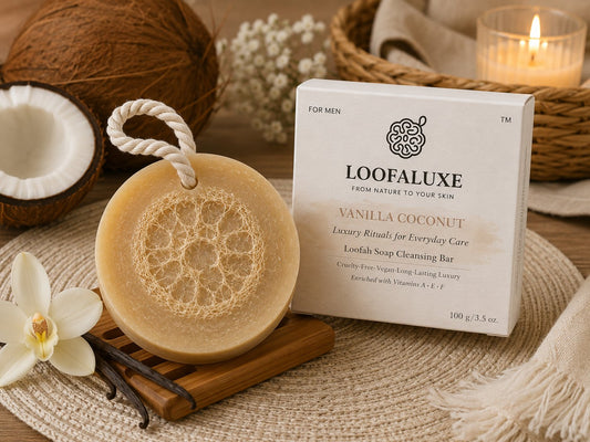 LoofaLuxe Coconut Vanilla loofah soap with box