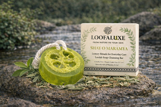 LoofaLuxe Green Tea & Sage loofah soap with box and sage