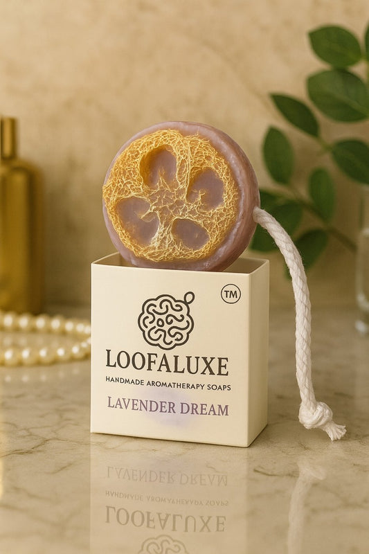 LoofaLuxe Lavender loofah soap close-up