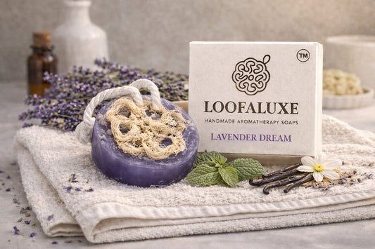 LoofaLuxe Lavender loofah soap with box and dried lavender