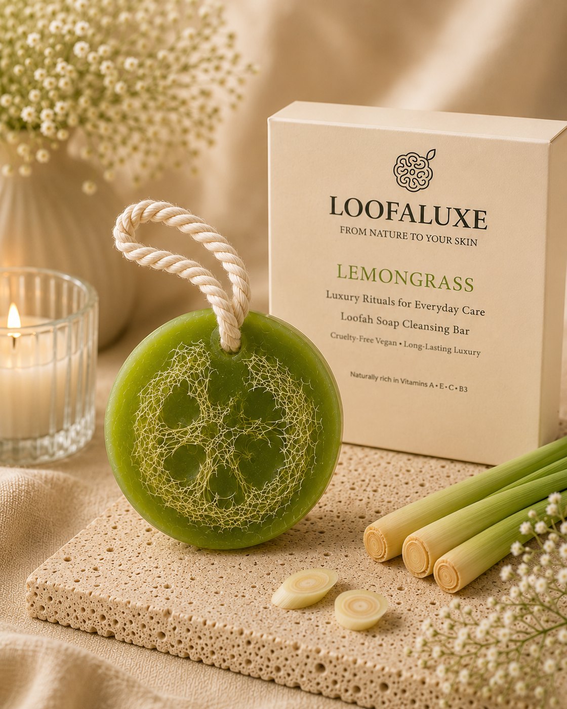 LoofaLuxe Lemongrass loofah soap with box