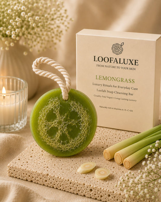 LoofaLuxe Lemongrass loofah soap with box