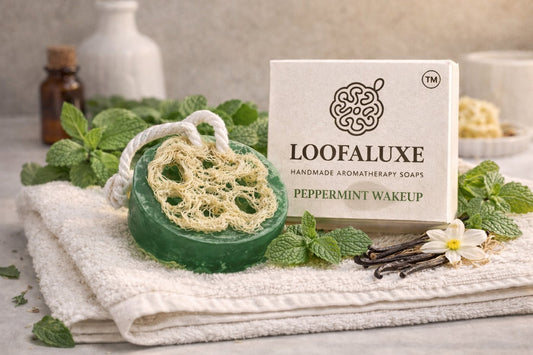 LoofaLuxe Peppermint loofah soap with box