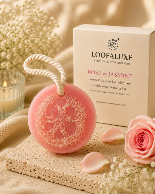 LoofaLuxe Rose & Jasmine loofah soap with box