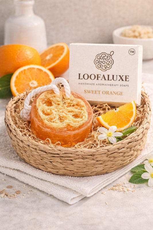 LoofaLuxe Sweet Orange loofah soap in basket