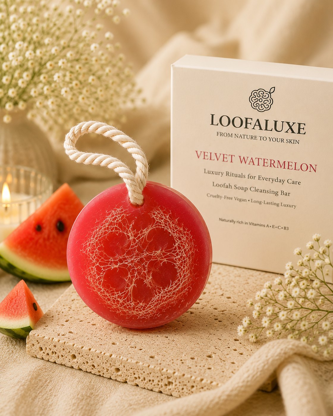 LoofaLuxe Watermelon loofah soap with box